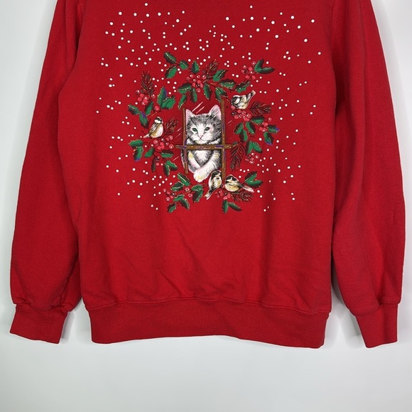 Vintage Blair Christmas Cat Red Crewneck Sweatshirt Size Medium - Picture 3 of 9